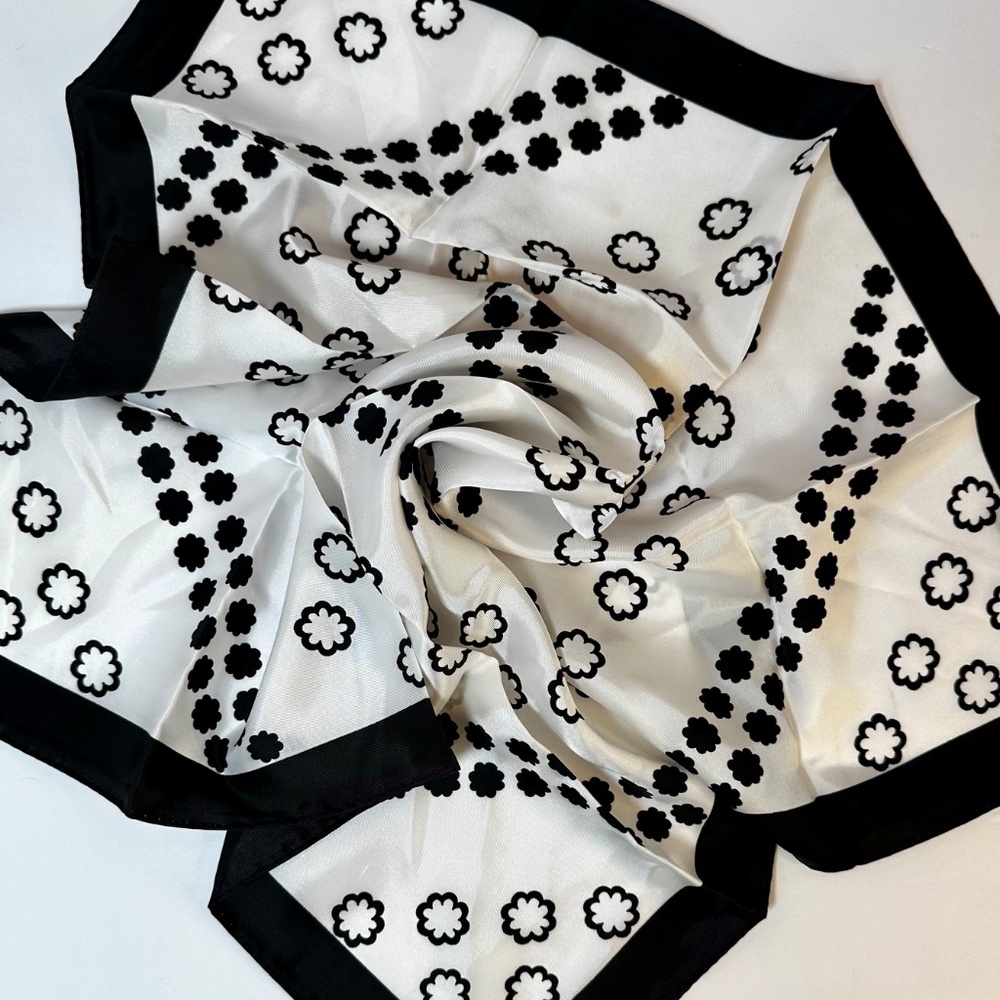 Vintage Black White Floral Scarf Hand Printed Acetate Made in Canada